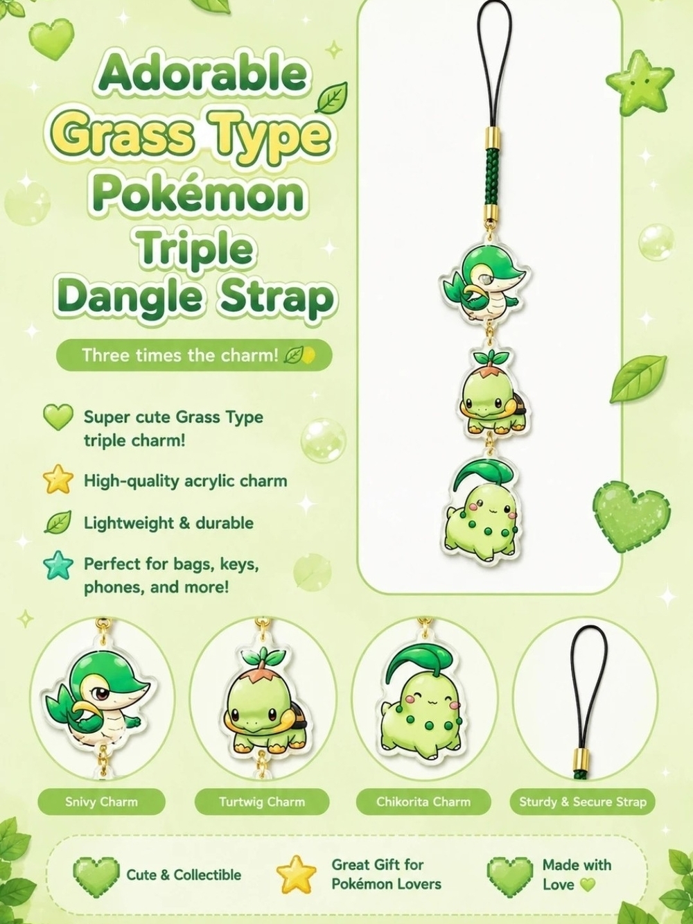 Pokemon Starters-Grass-Type Triple Dangle Phone Charm